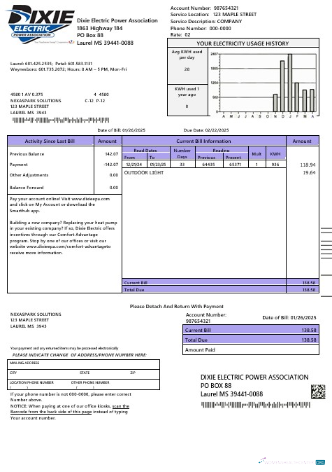 USA Mississipi Dixie Electric business utility bill template in Word and PDF formats